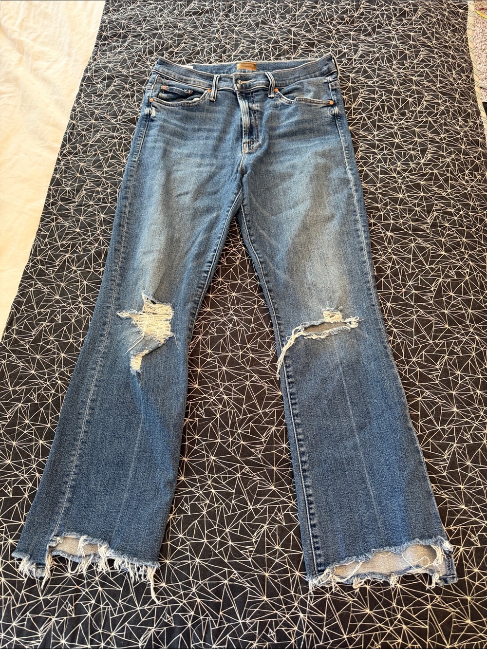 MOTHER Distressed Mid Blue Flare Jeans